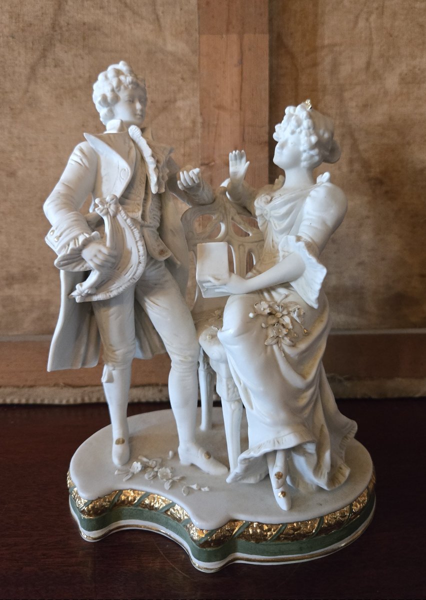 Biscuit Porcelain Group After Saxony – Gallant Scene, 19th Century – H. 25 Cm -photo-1