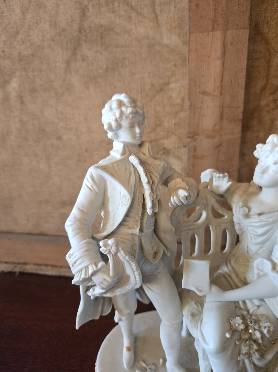 Biscuit Porcelain Group After Saxony – Gallant Scene, 19th Century – H. 25 Cm -photo-2