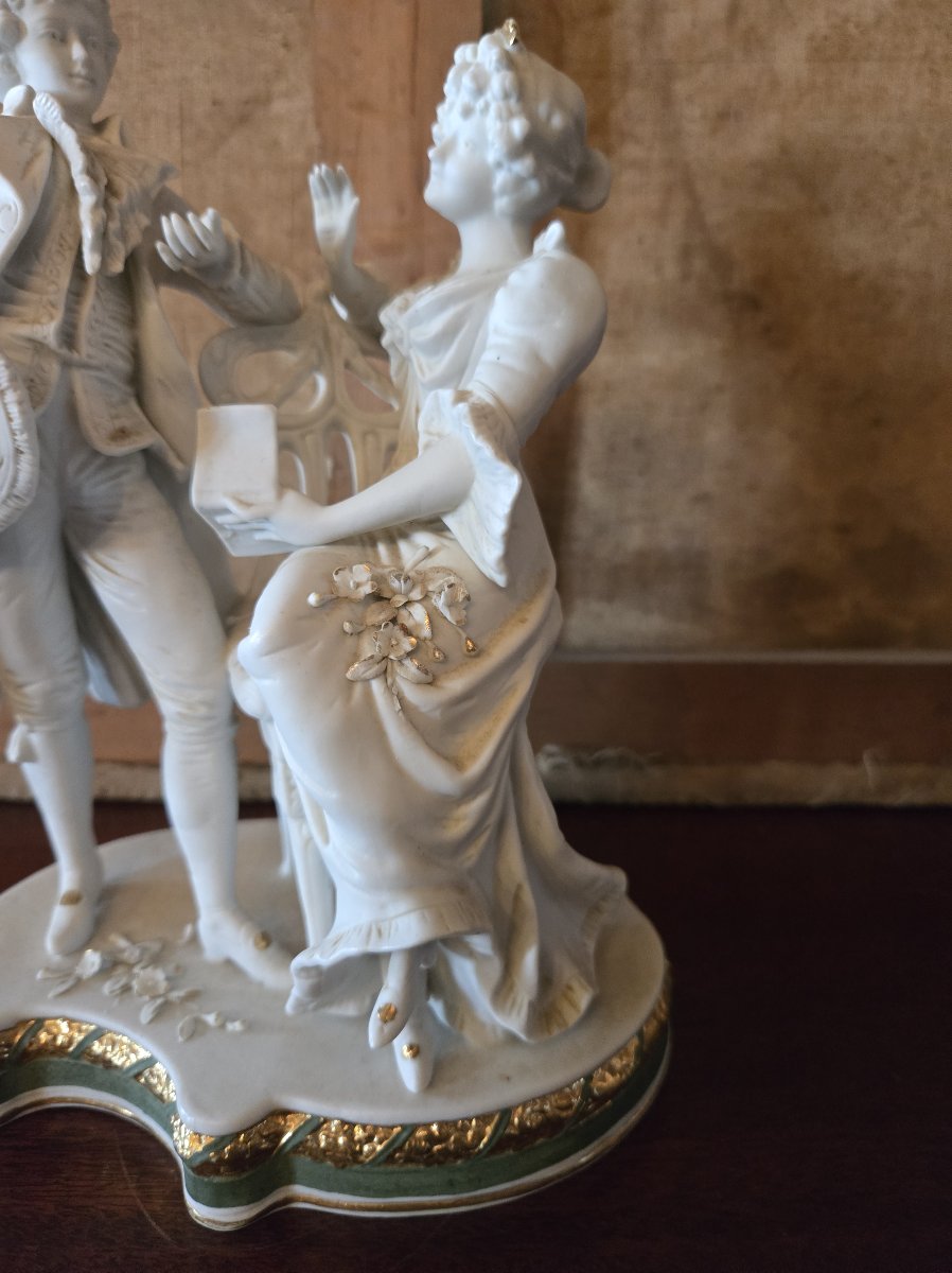 Biscuit Porcelain Group After Saxony – Gallant Scene, 19th Century – H. 25 Cm -photo-4