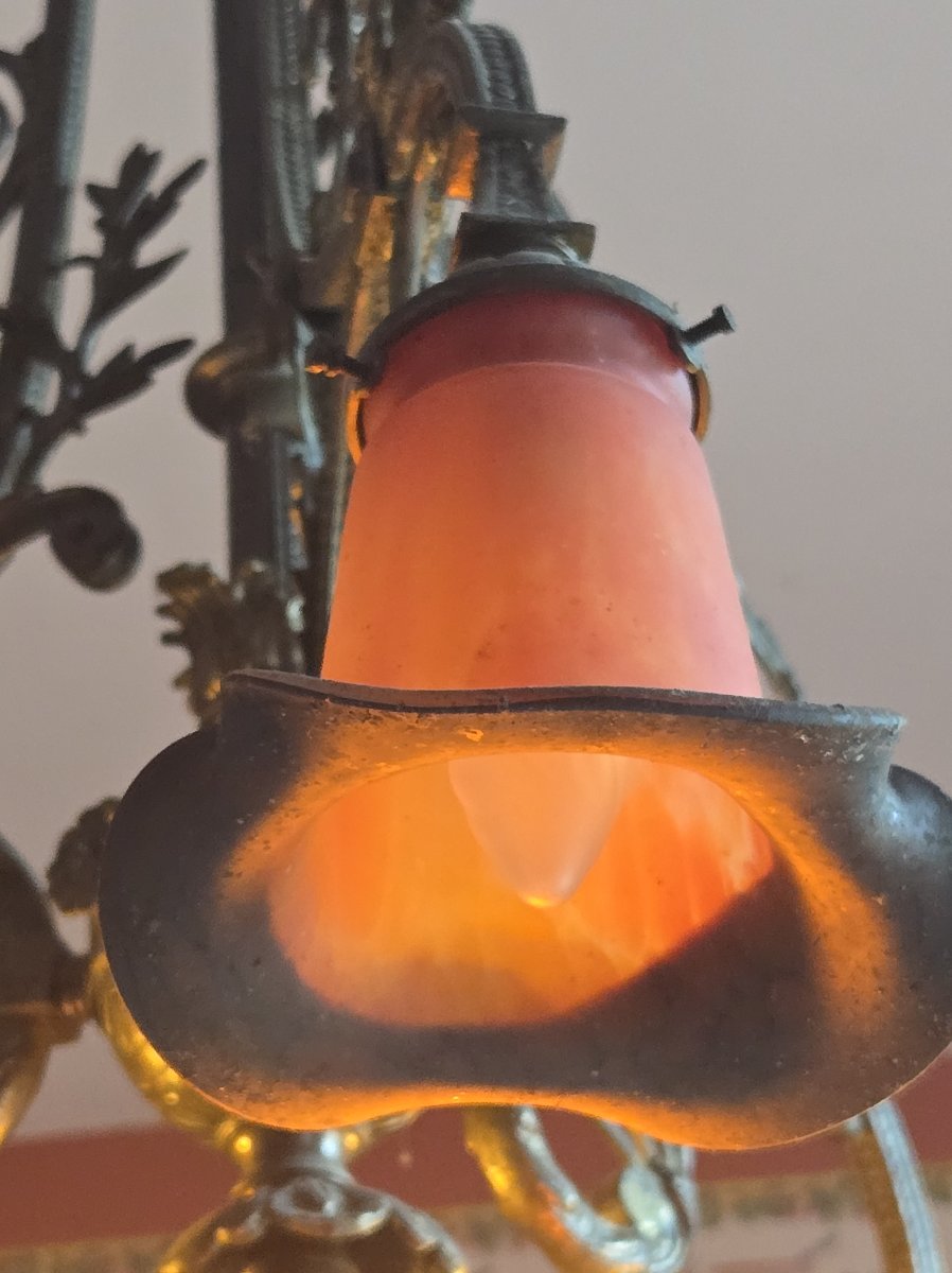 Lustre Art Nouveau Noverdy – Bronze et Tulipes en Verre –-photo-1