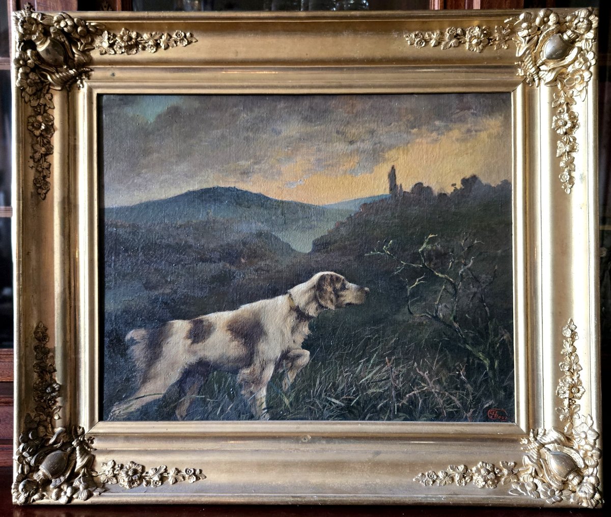 Oil On Canvas – Pointing Dog In A Landscape – French School, 19th Century-photo-1