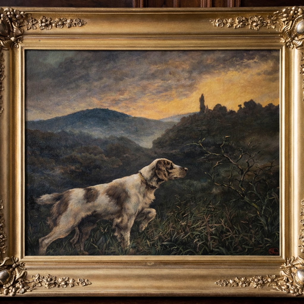 Oil On Canvas – Pointing Dog In A Landscape – French School, 19th Century