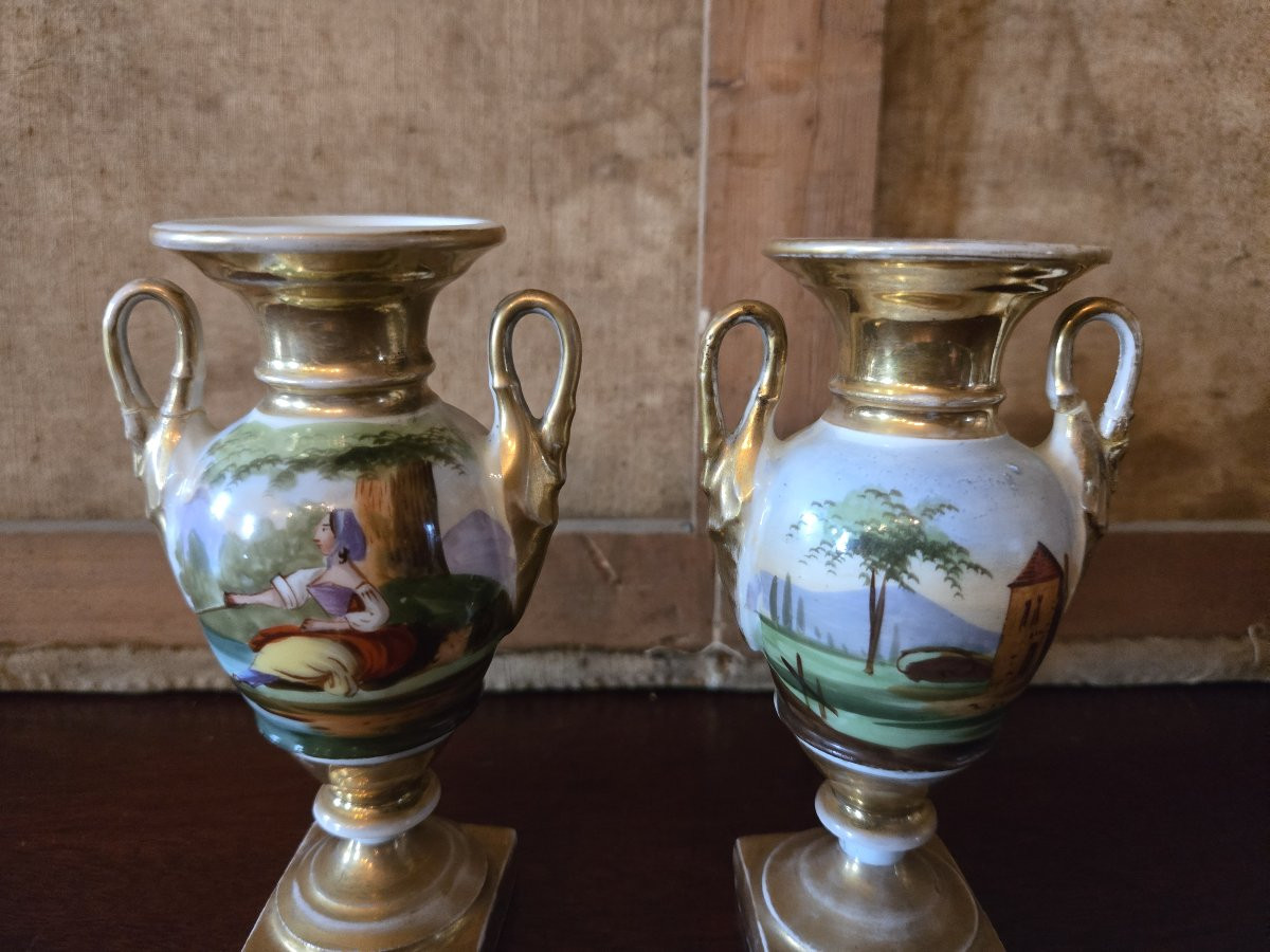 Pair Of Empire Style Polychrome And Gilt Porcelain Vases – Decorated With Pastoral Scenes -photo-4
