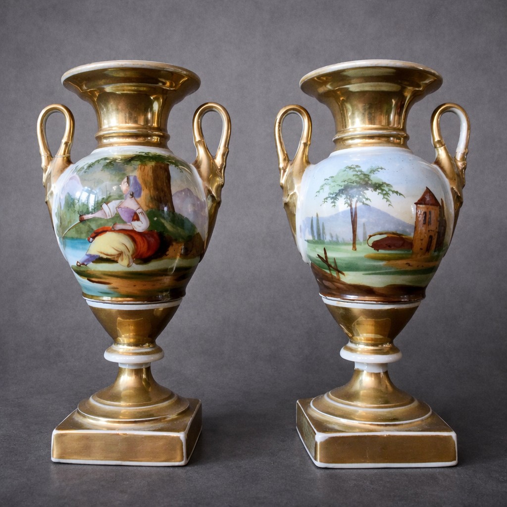 Pair Of Empire Style Polychrome And Gilt Porcelain Vases – Decorated With Pastoral Scenes 