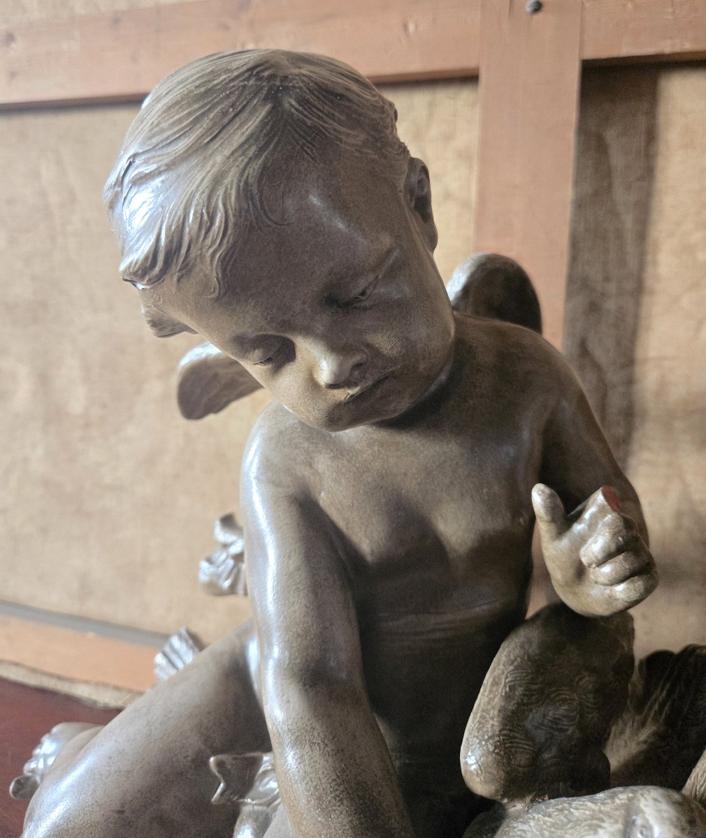 Large Antique Spelter Sculpture – Putto With A Dove – Signed Pigalle-photo-3