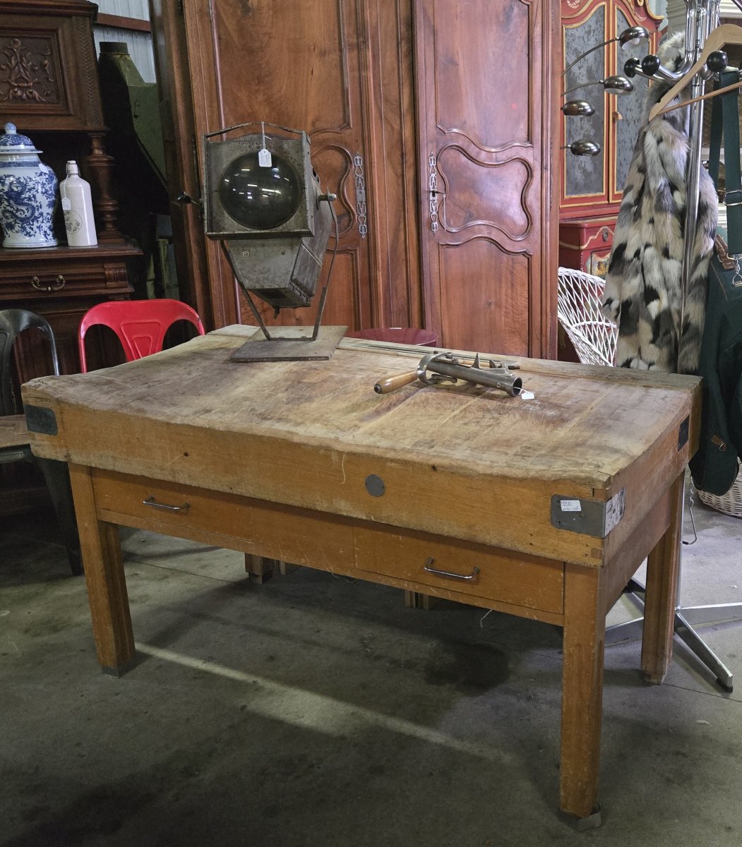 Billot de boucher double en bois debout / table a découpe -photo-3