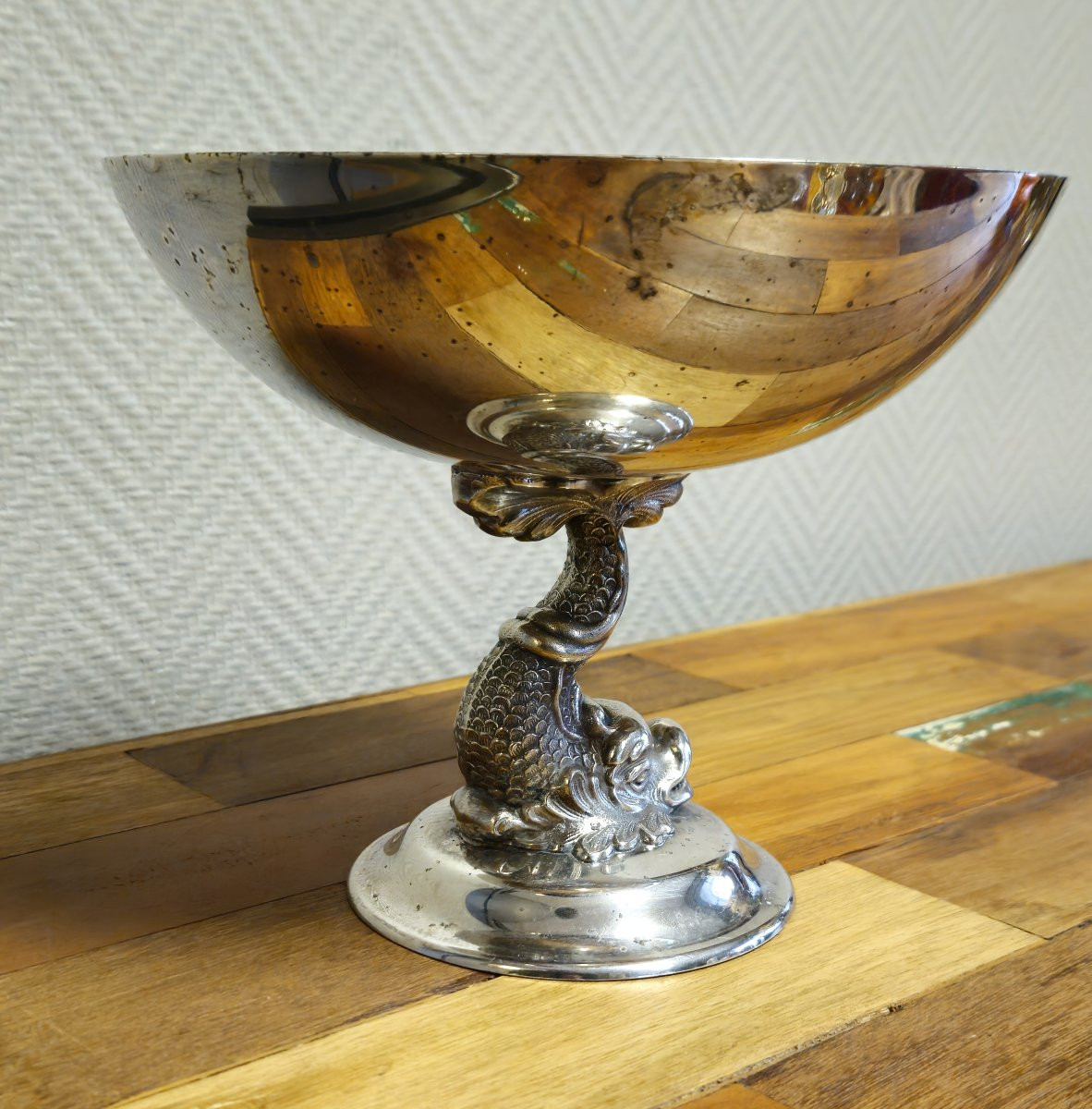 Silver-plated Metal Footed Bowl – Dolphin Decoration – Menesés Spain – -photo-4