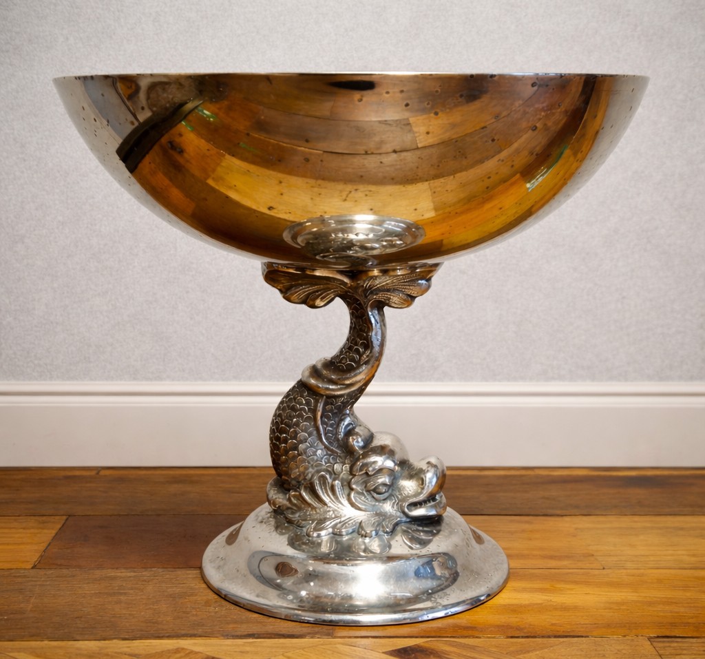 Silver-plated Metal Footed Bowl – Dolphin Decoration – Menesés Spain – 