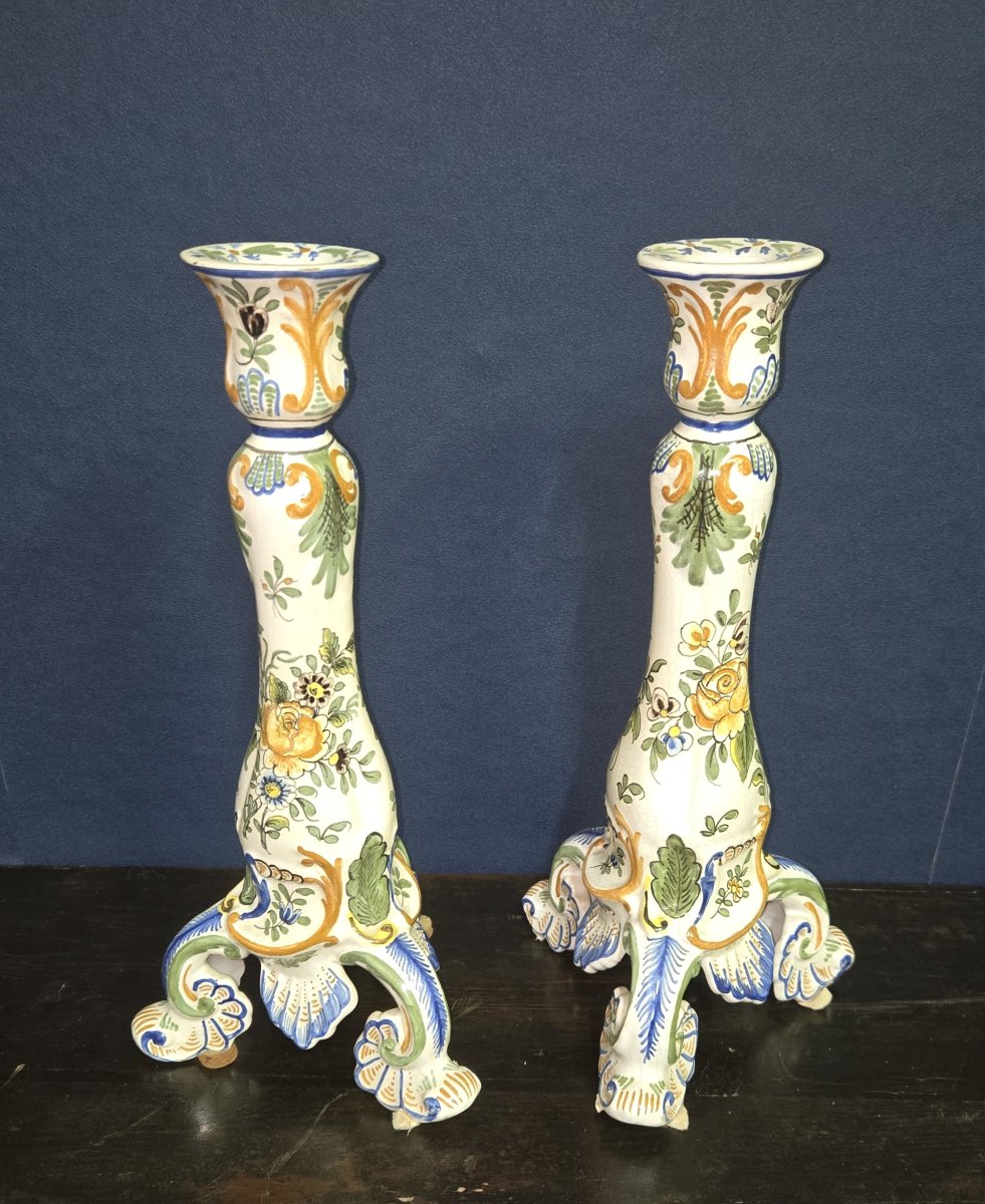 Pair Of Large Polychrome Earthenware Candlesticks – Floral Decoration – H 34 Cm -photo-1