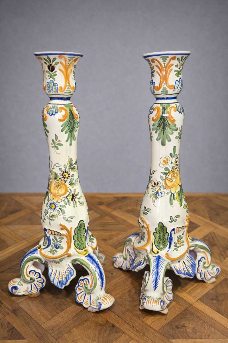 Pair Of Large Polychrome Earthenware Candlesticks – Floral Decoration – H 34 Cm -photo-2