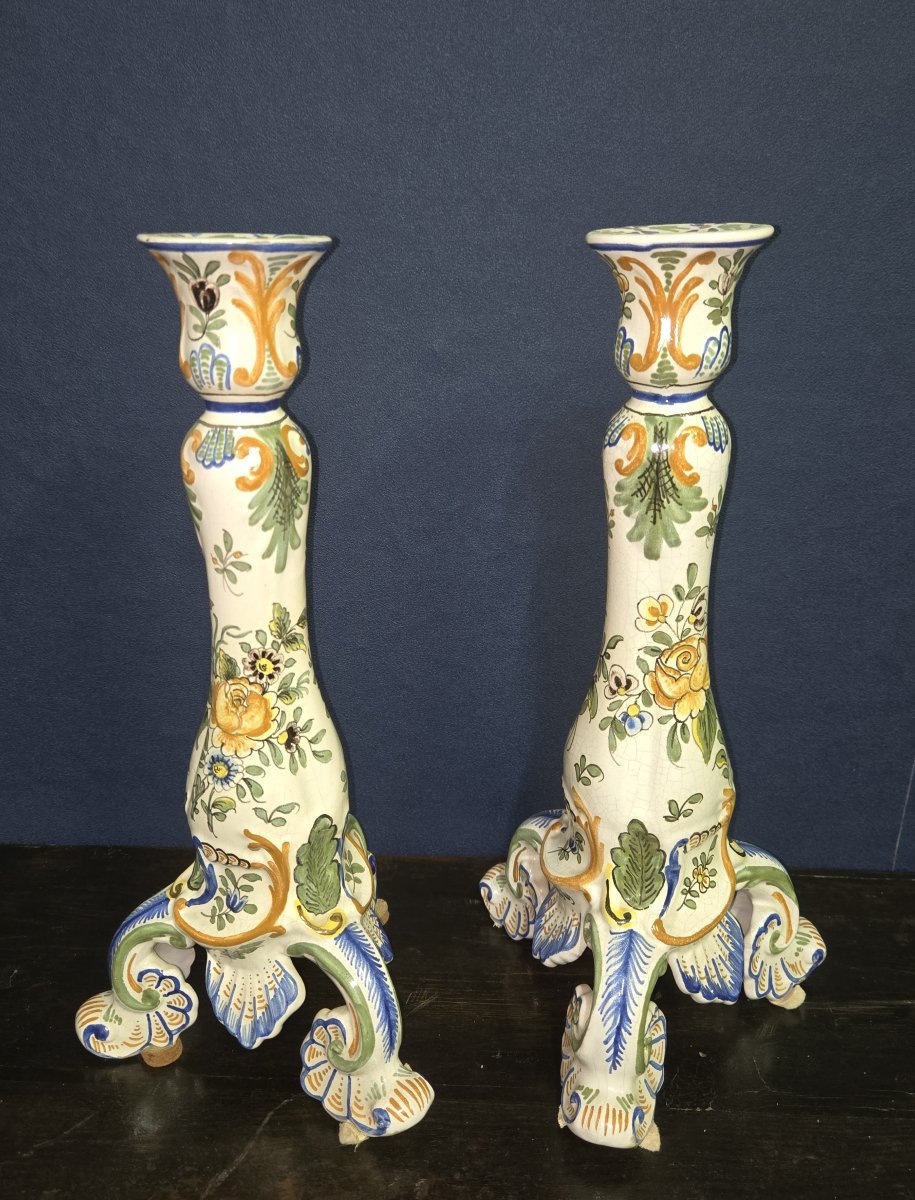 Pair Of Large Polychrome Earthenware Candlesticks – Floral Decoration – H 34 Cm -photo-4