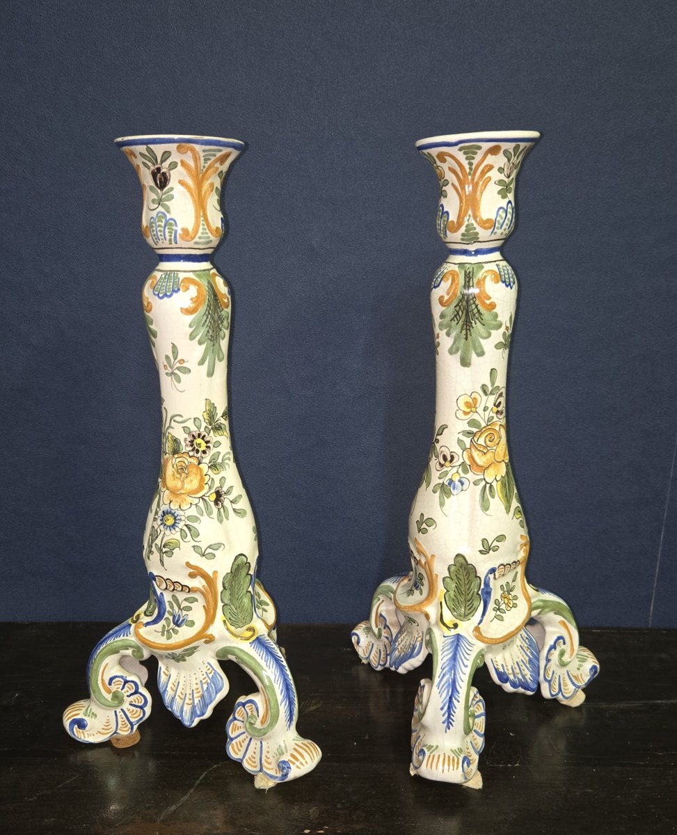 Pair Of Large Polychrome Earthenware Candlesticks – Floral Decoration – H 34 Cm -photo-5