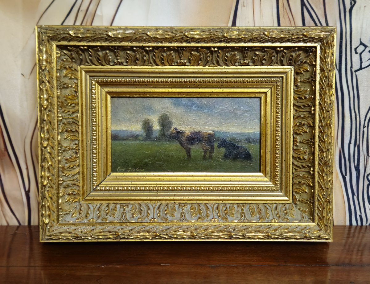 Oil On Panel – Tony Gualano – Pastoral Scene With Cows – Italian School -photo-1