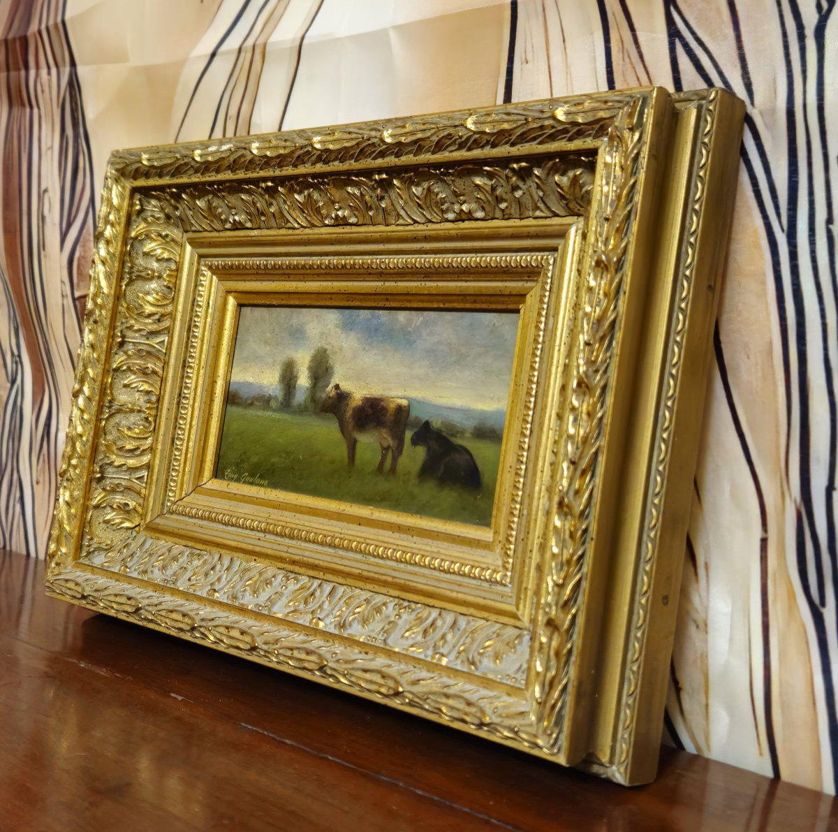 Oil On Panel – Tony Gualano – Pastoral Scene With Cows – Italian School -photo-2