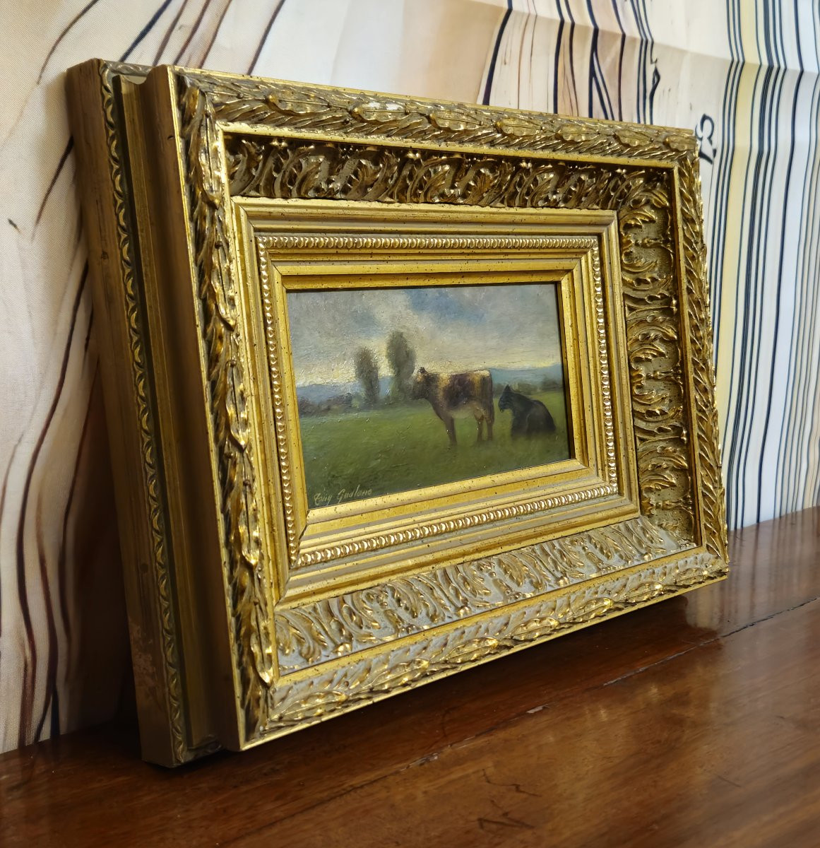 Oil On Panel – Tony Gualano – Pastoral Scene With Cows – Italian School -photo-3