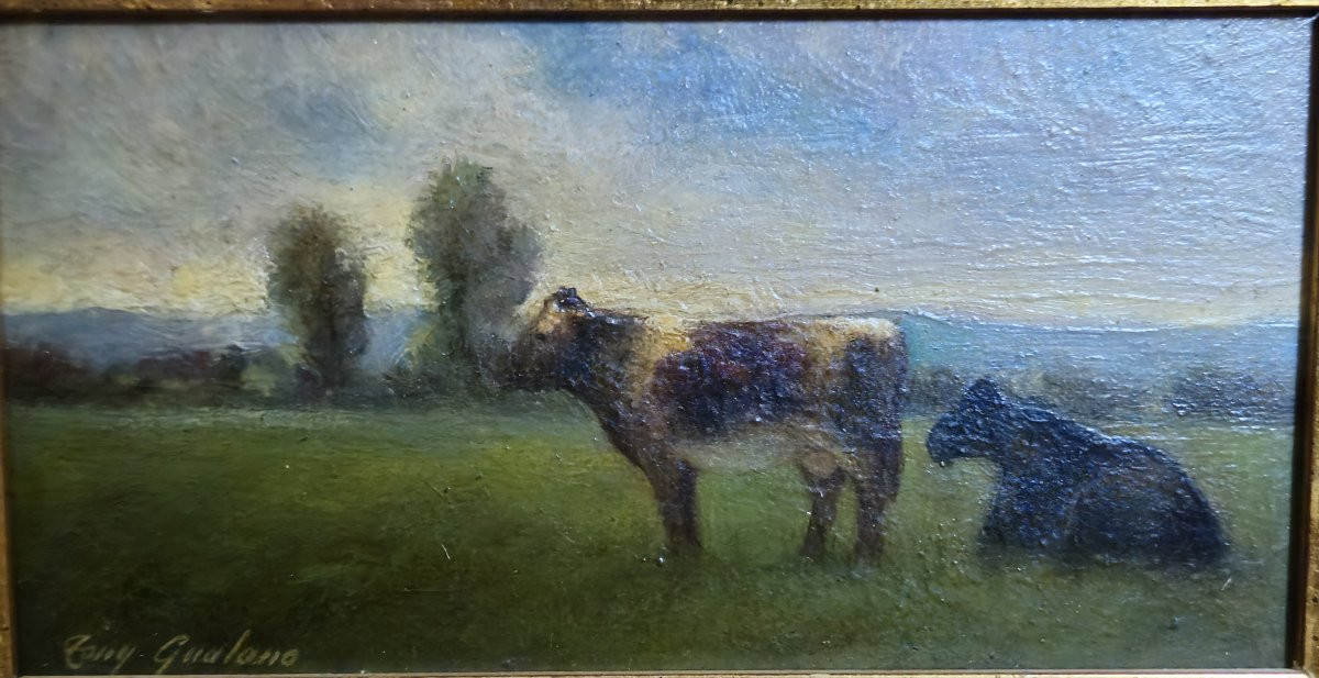 Oil On Panel – Tony Gualano – Pastoral Scene With Cows – Italian School -photo-4