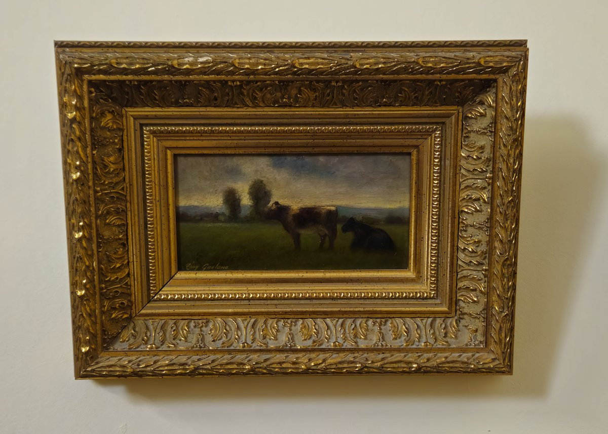 Oil On Panel – Tony Gualano – Pastoral Scene With Cows – Italian School -photo-6