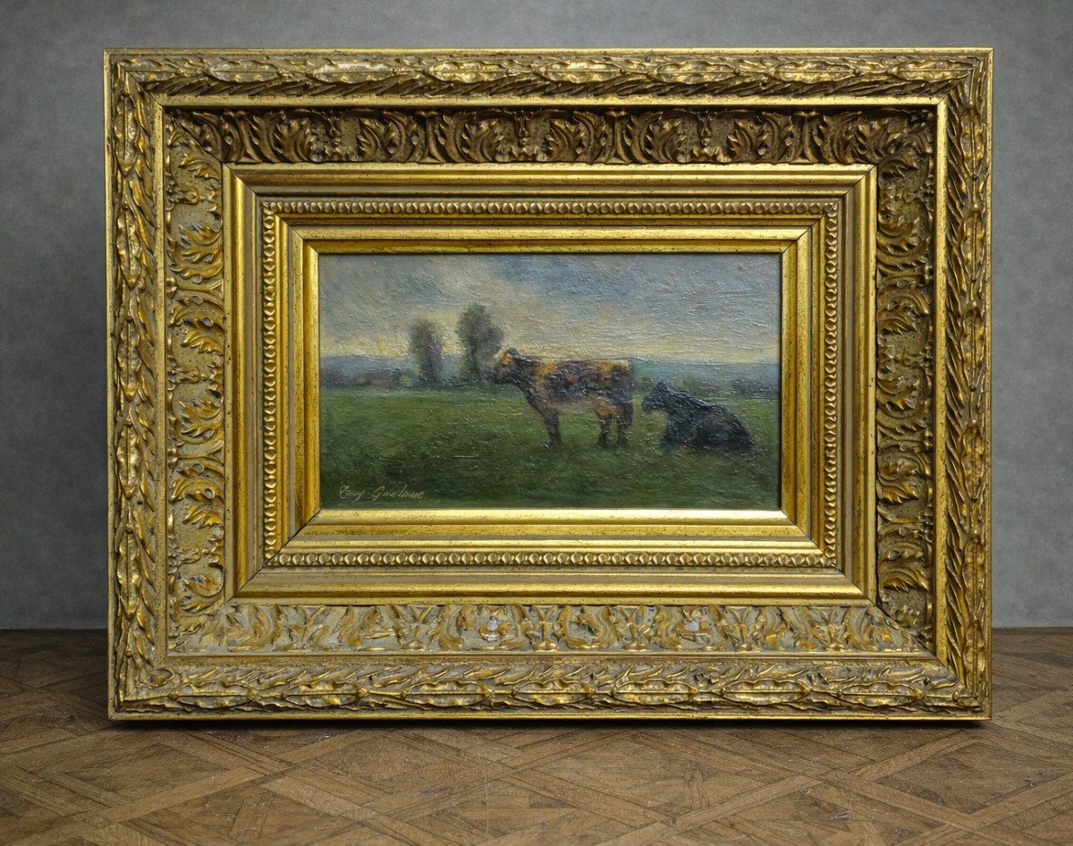 Oil On Panel – Tony Gualano – Pastoral Scene With Cows – Italian School 