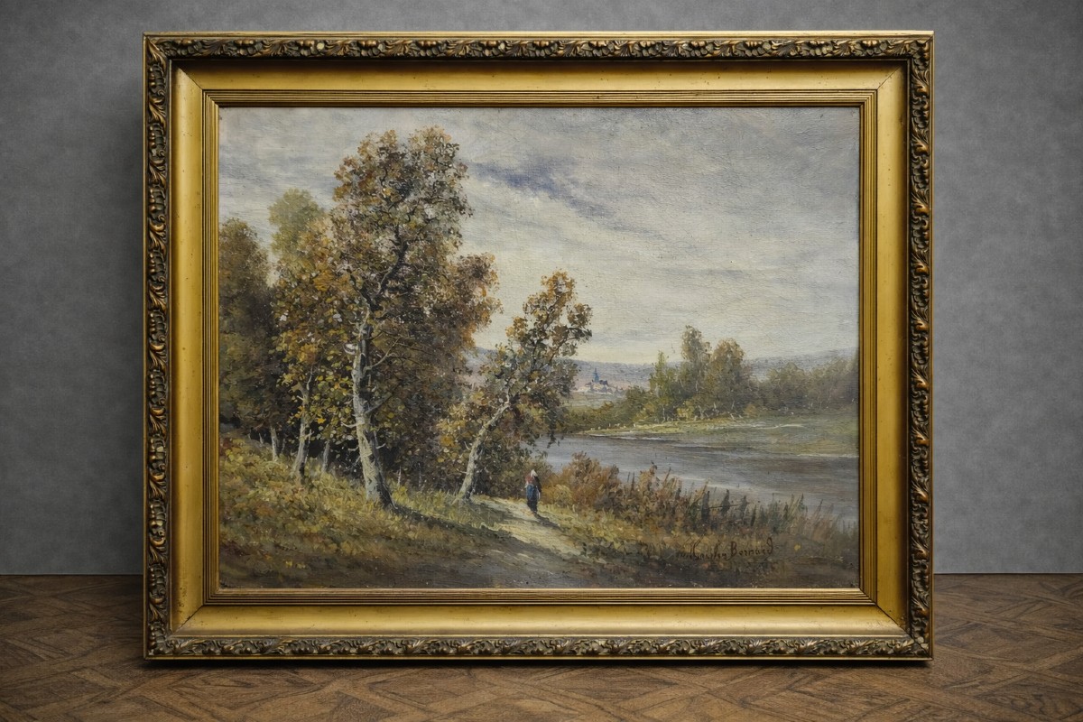 Oil On Canvas – Signed Bernard – Lively River Landscape – French School, 20th Century 