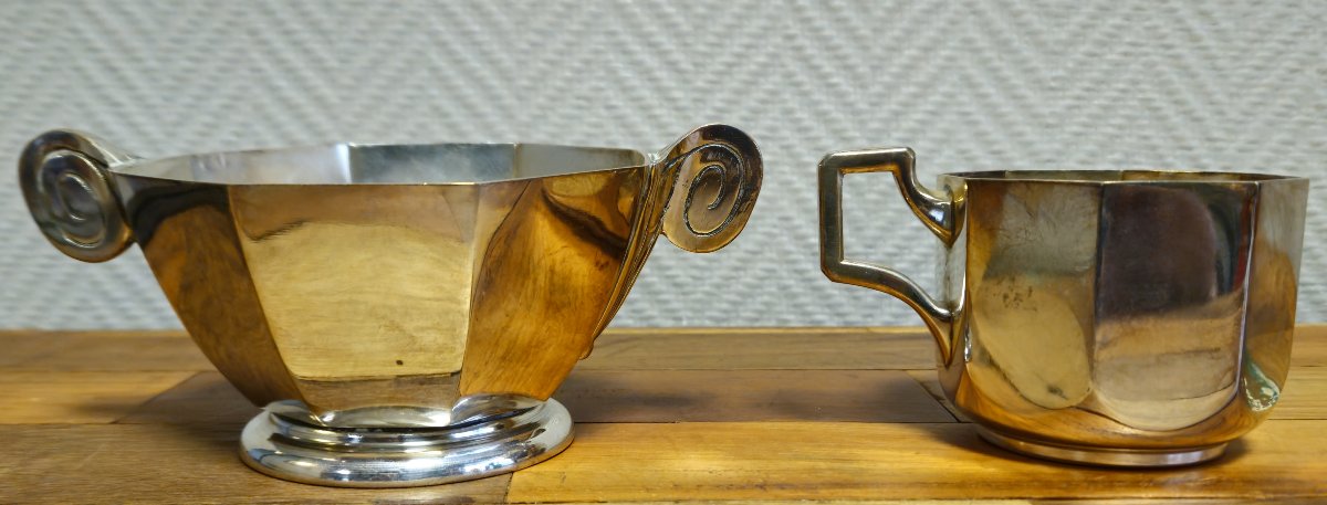 Deux piéces de forme époque Art Déco en métal argenté – Sucrier et pot à lait -photo-1