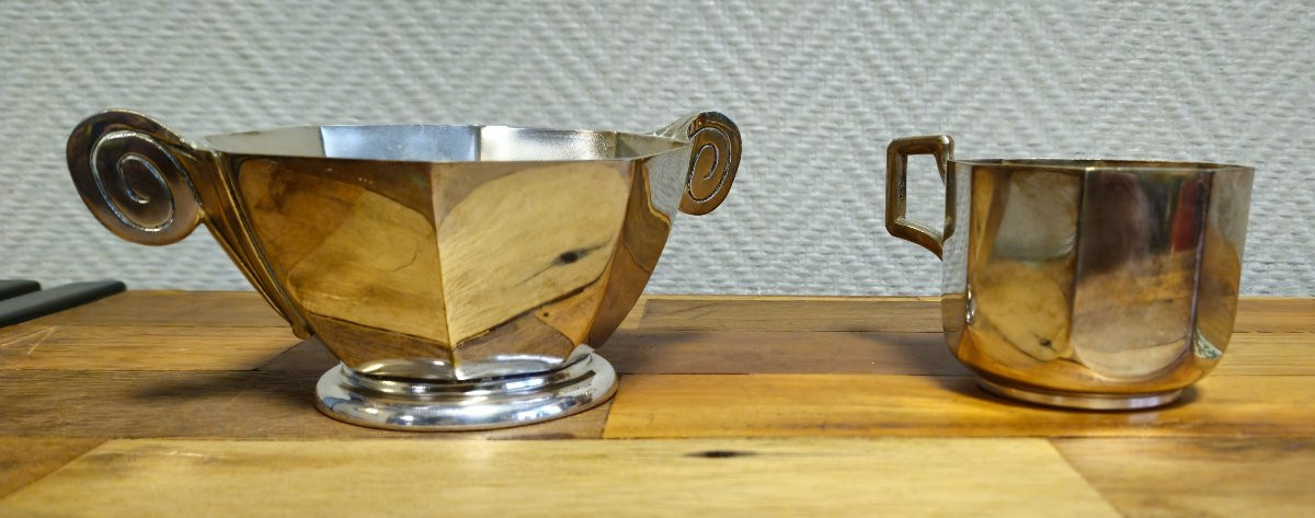 Deux piéces de forme époque Art Déco en métal argenté – Sucrier et pot à lait -photo-5