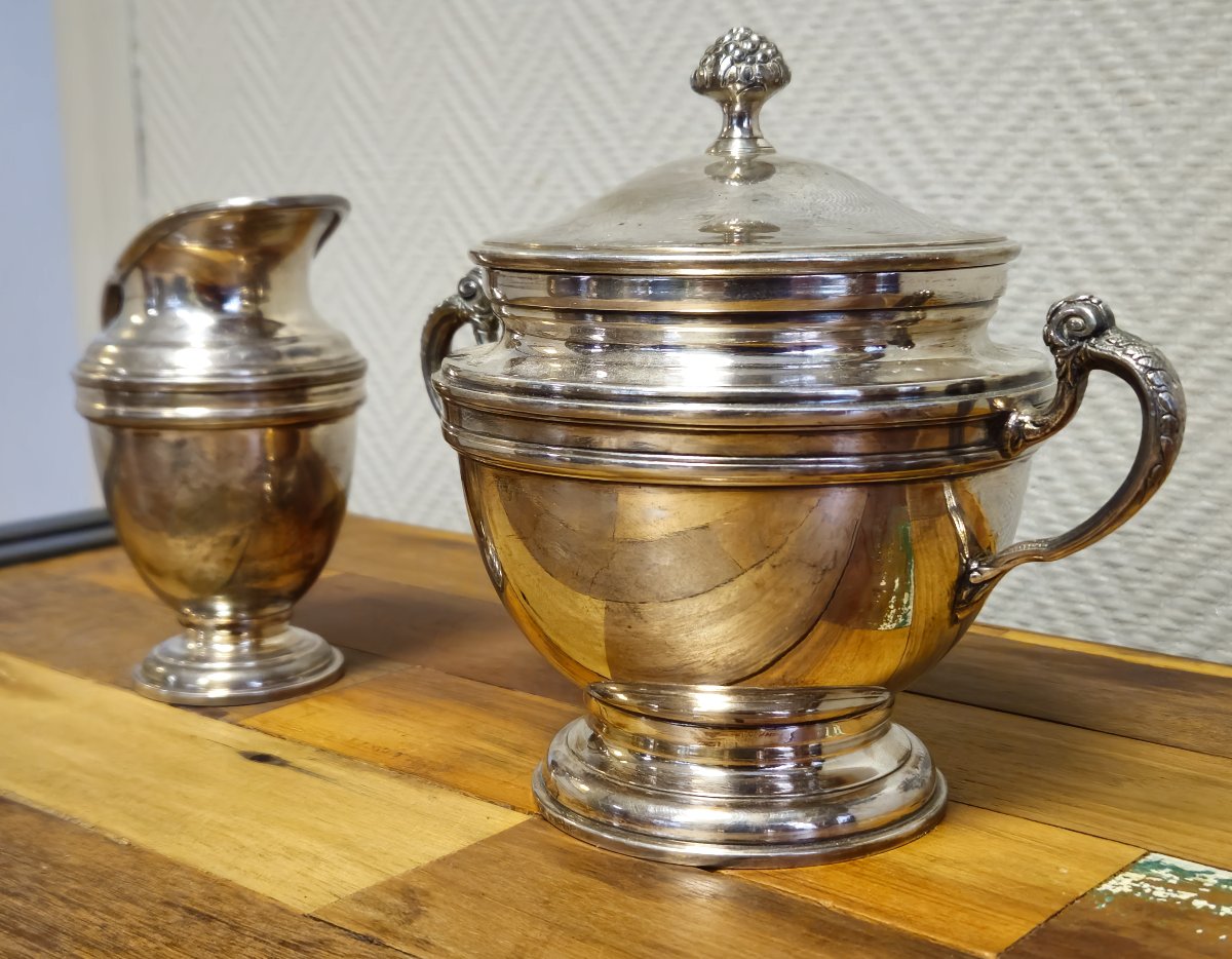 Service sucrier et pot à lait ancien en métal argenté – Style Empire / Louis XVI -photo-2