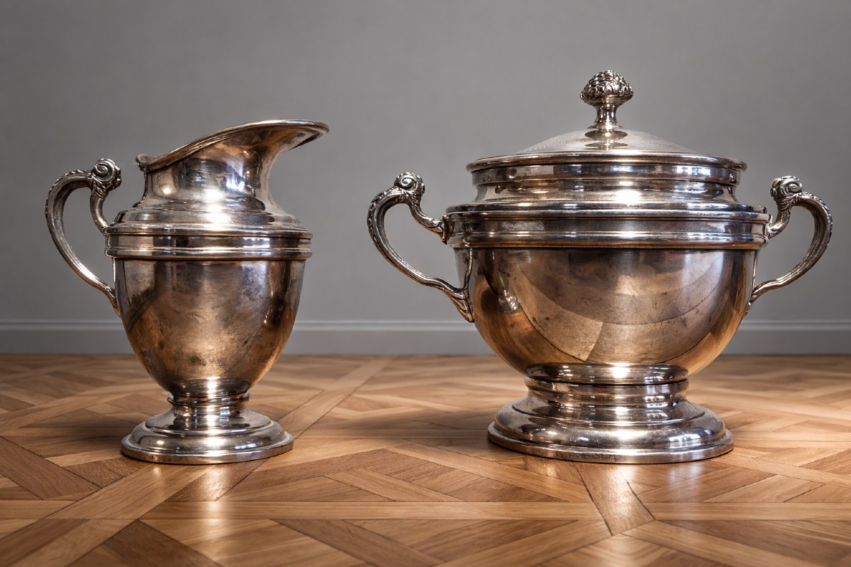 Service sucrier et pot à lait ancien en métal argenté – Style Empire / Louis XVI 
