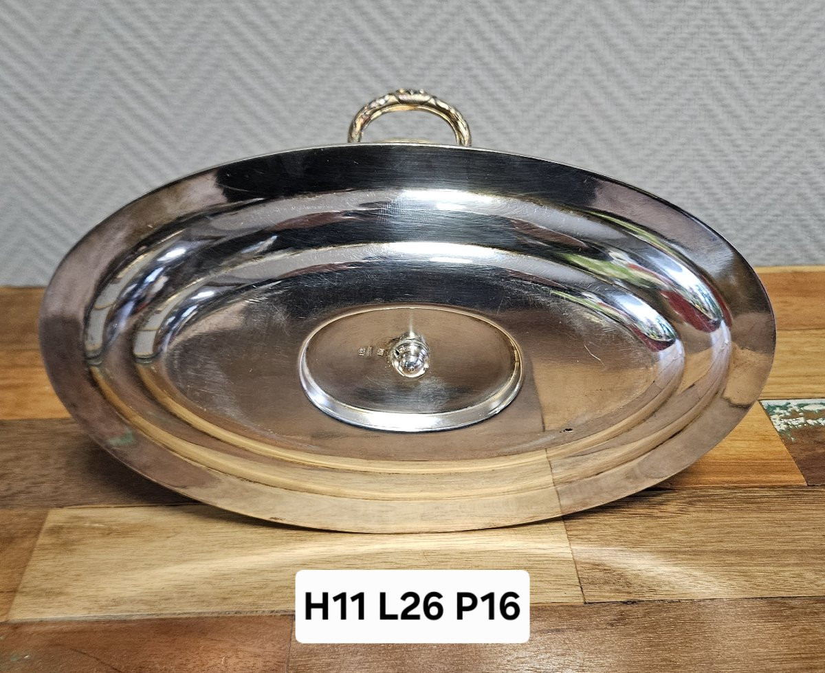 Saucière ancienne en métal argenté avec son plateau – Décor ruban Louis XVI – Poinçon 30 -photo-8