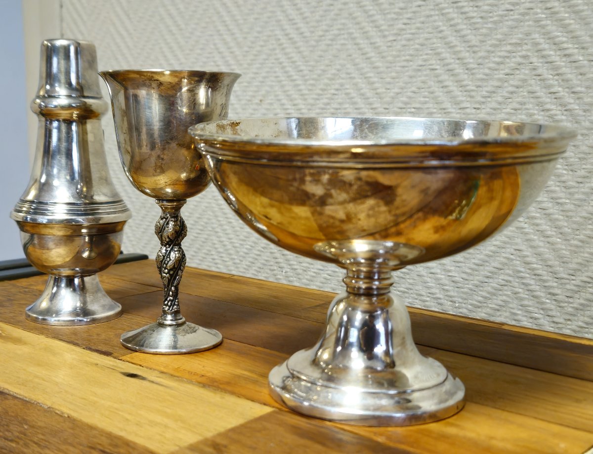 Set Of 3 Silver-plated Metal Pieces – Cup, Vase & Tumbler – Valero For Falstaff –-photo-1