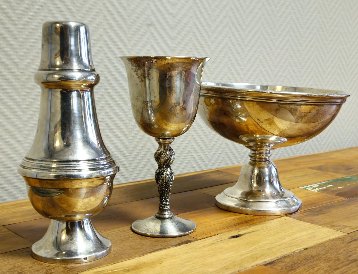 Set Of 3 Silver-plated Metal Pieces – Cup, Vase & Tumbler – Valero For Falstaff –-photo-2