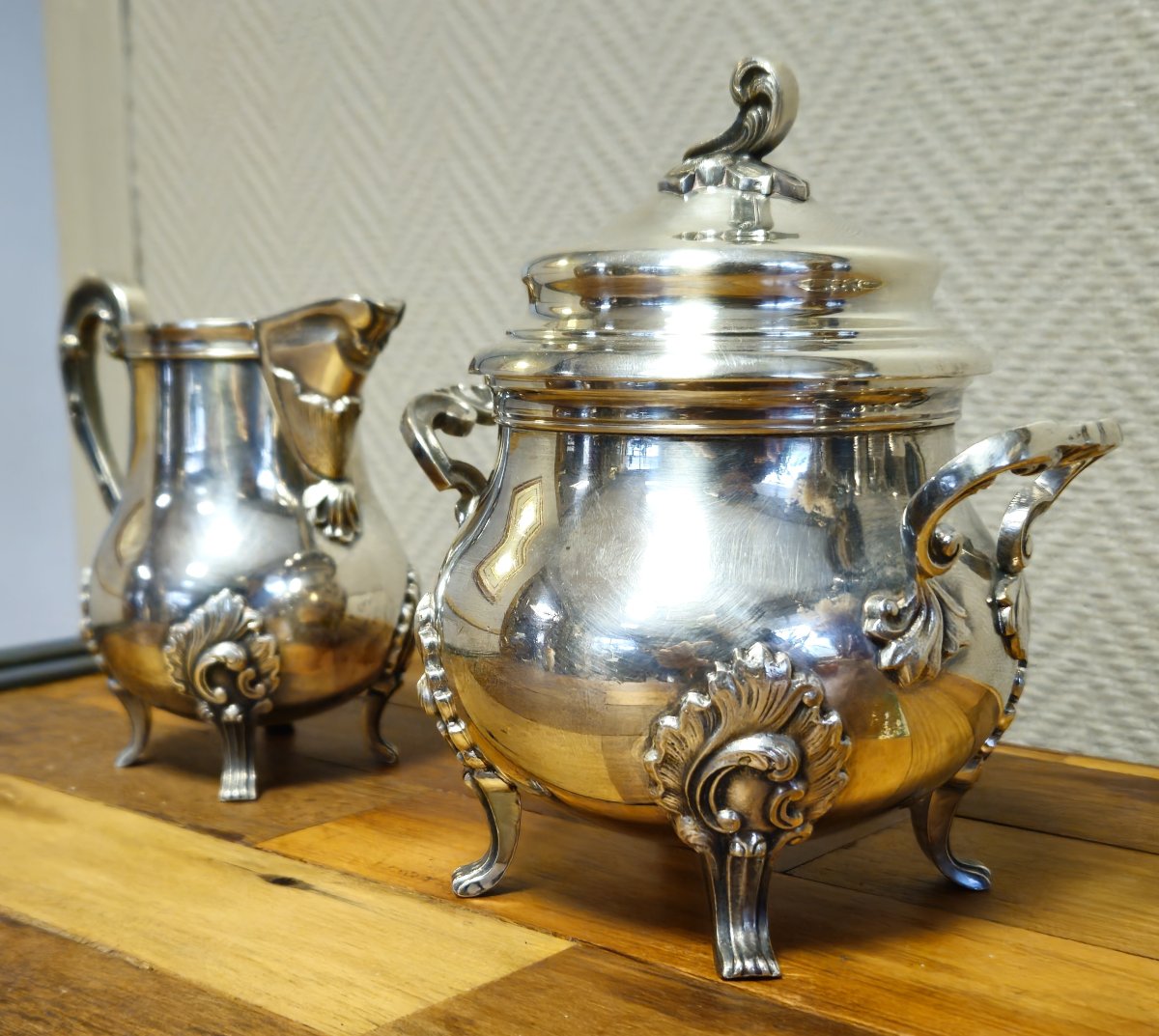 Antique Silver-plated Sugar Service – Louis XV Rococo Style – Sugar Bowl + Milk Jug -photo-2
