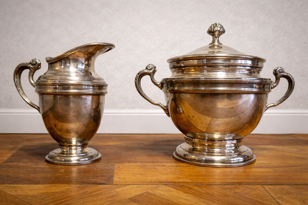 Antique Silver-plated Sugar Service – Louis XV Rococo Style – Sugar Bowl + Milk Jug 