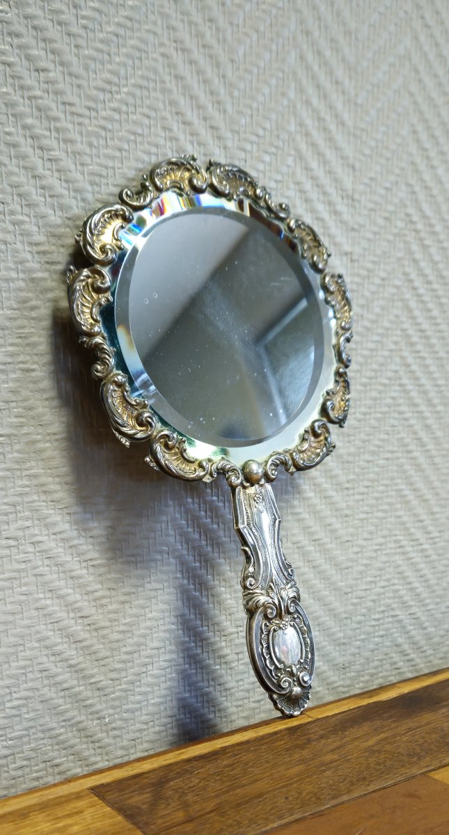 Miroir à main ancien en métal argenté – Style Louis XV Rocaille – Décor coquille & volutes -photo-2
