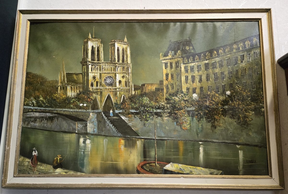 Grande Huile sur toile – Vue de Notre-Dame de Paris – Signée KAISER (Richard) – 67 x 100 cm -photo-2