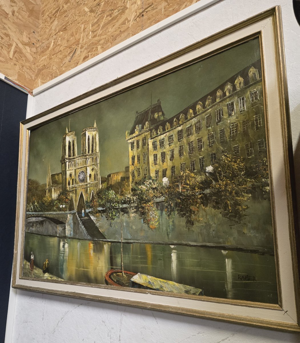 Grande Huile sur toile – Vue de Notre-Dame de Paris – Signée KAISER (Richard) – 67 x 100 cm -photo-5