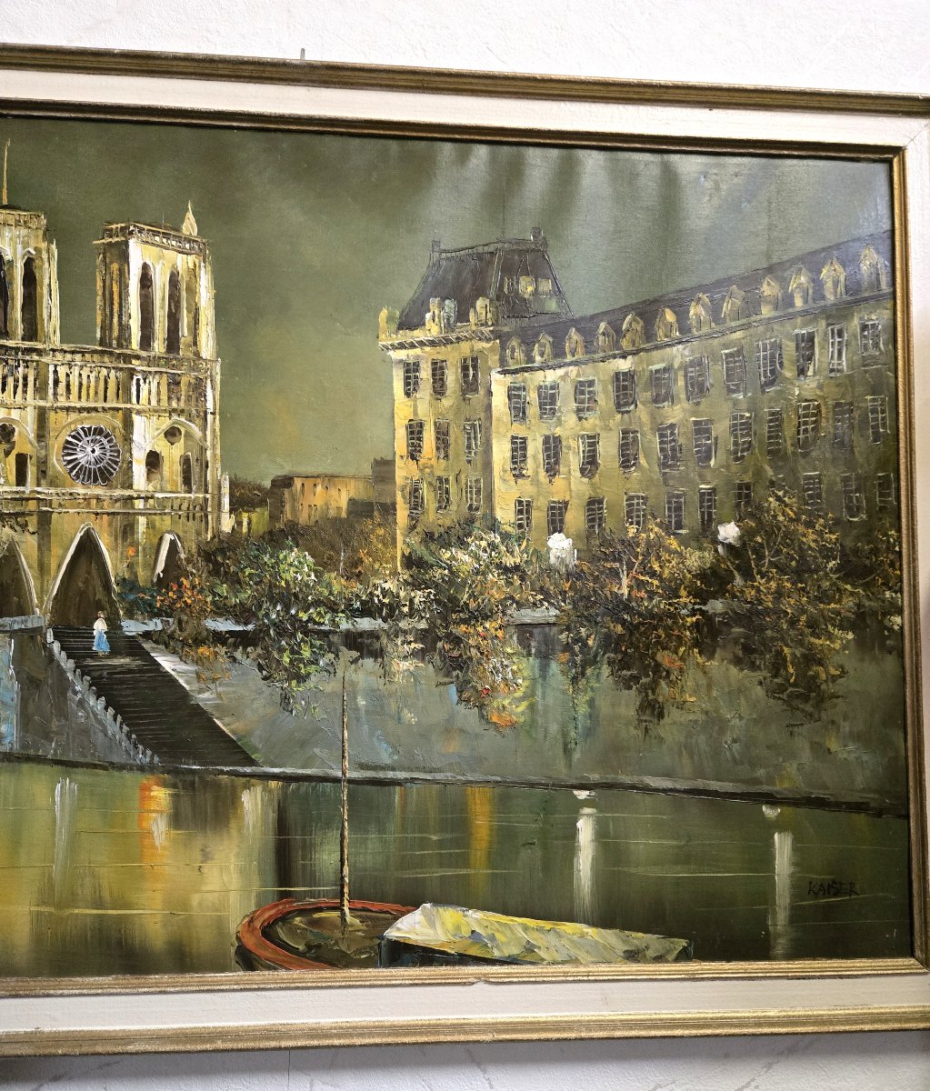 Grande Huile sur toile – Vue de Notre-Dame de Paris – Signée KAISER (Richard) – 67 x 100 cm -photo-7