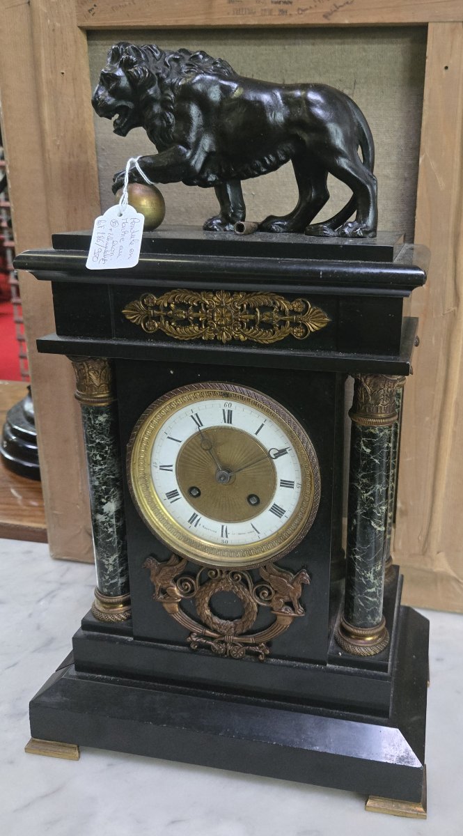 19th Century Empire Style Clock With Patinated Bronze Lion – Black Marble -photo-3