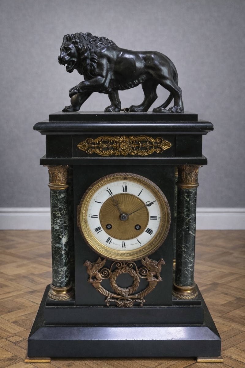 19th Century Empire Style Clock With Patinated Bronze Lion – Black Marble 