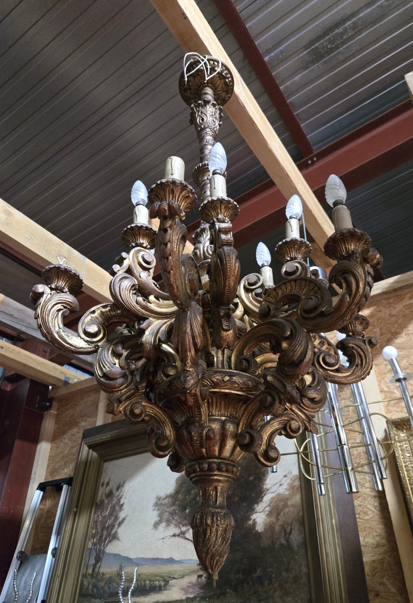 Grand lustre vénitien XIXe siècle – Bois sculpté et doré / Hauteur : 122 cm  -photo-6