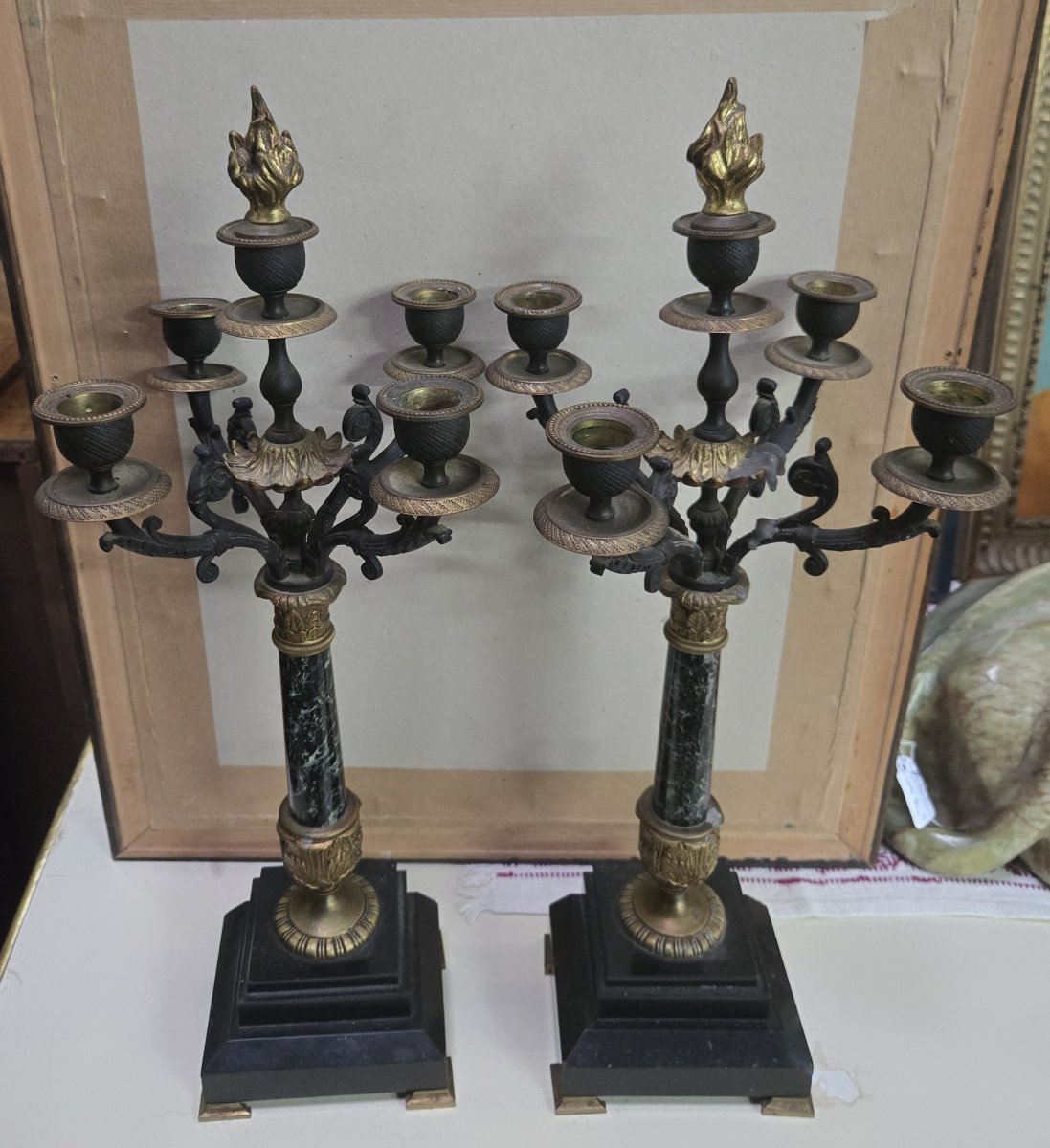Pair Of Empire Style Candelabra, 19th Century – Bronze And Marble / Height: 50 Cm -photo-1