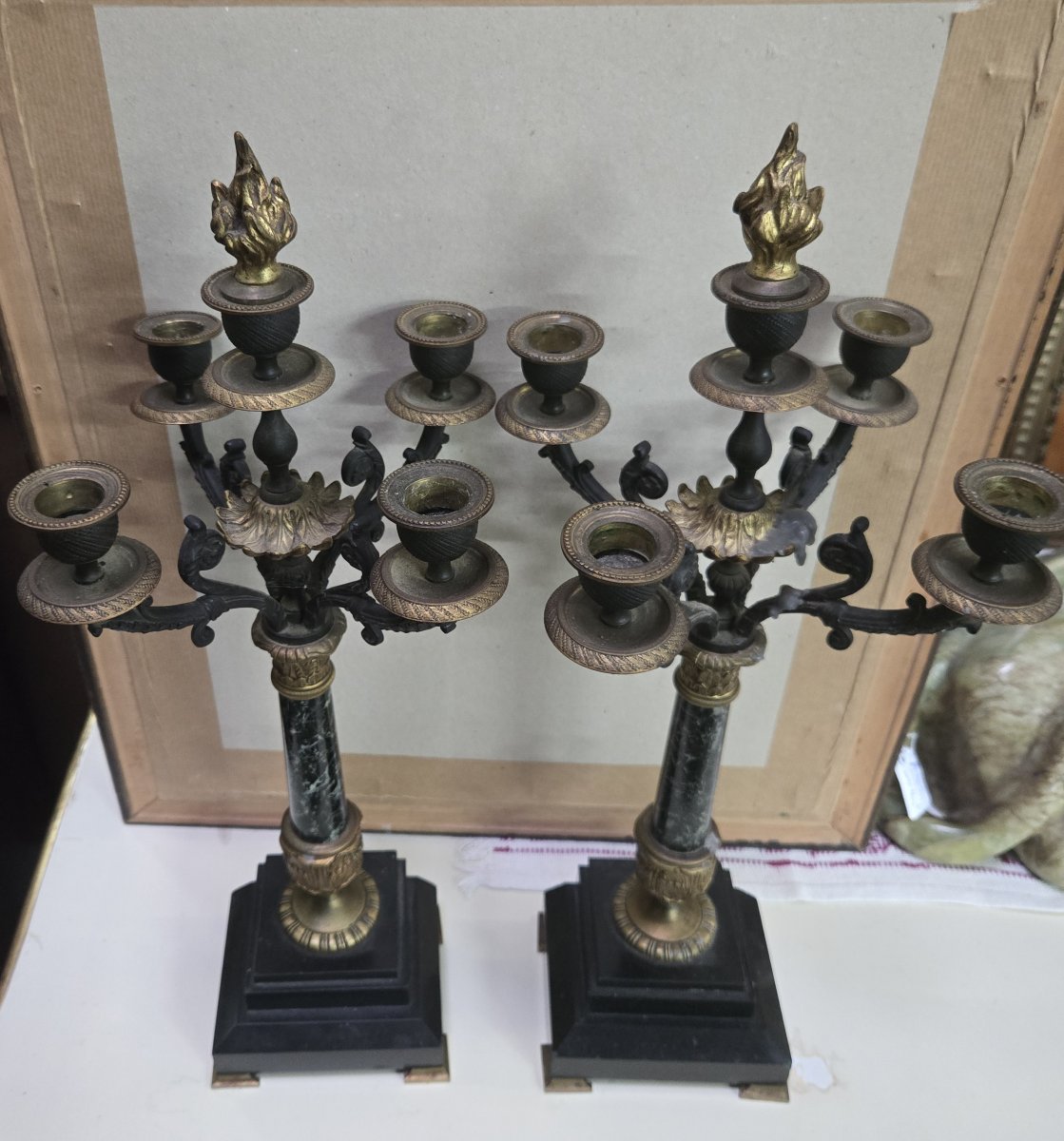 Pair Of Empire Style Candelabra, 19th Century – Bronze And Marble / Height: 50 Cm -photo-2