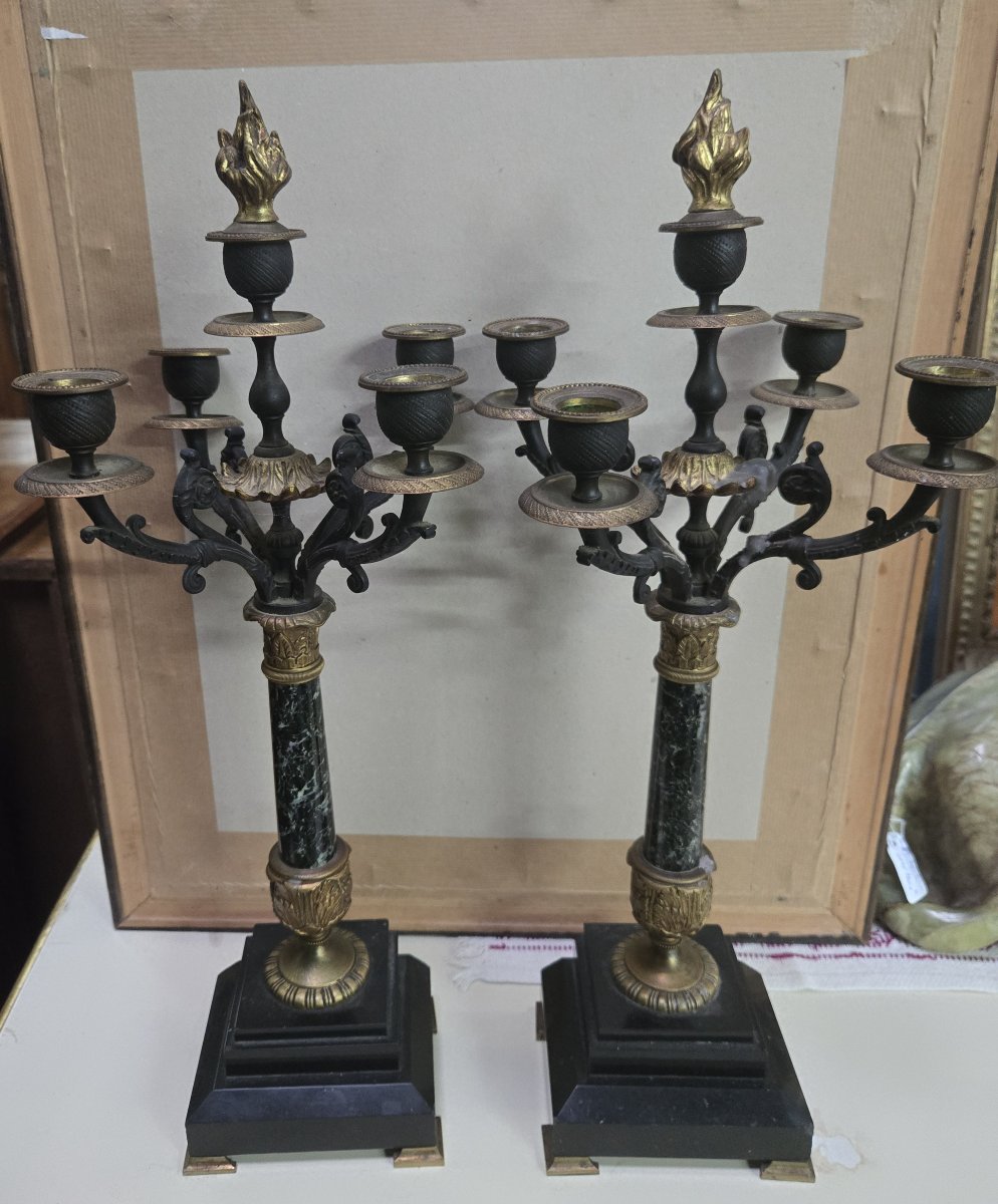 Pair Of Empire Style Candelabra, 19th Century – Bronze And Marble / Height: 50 Cm -photo-3