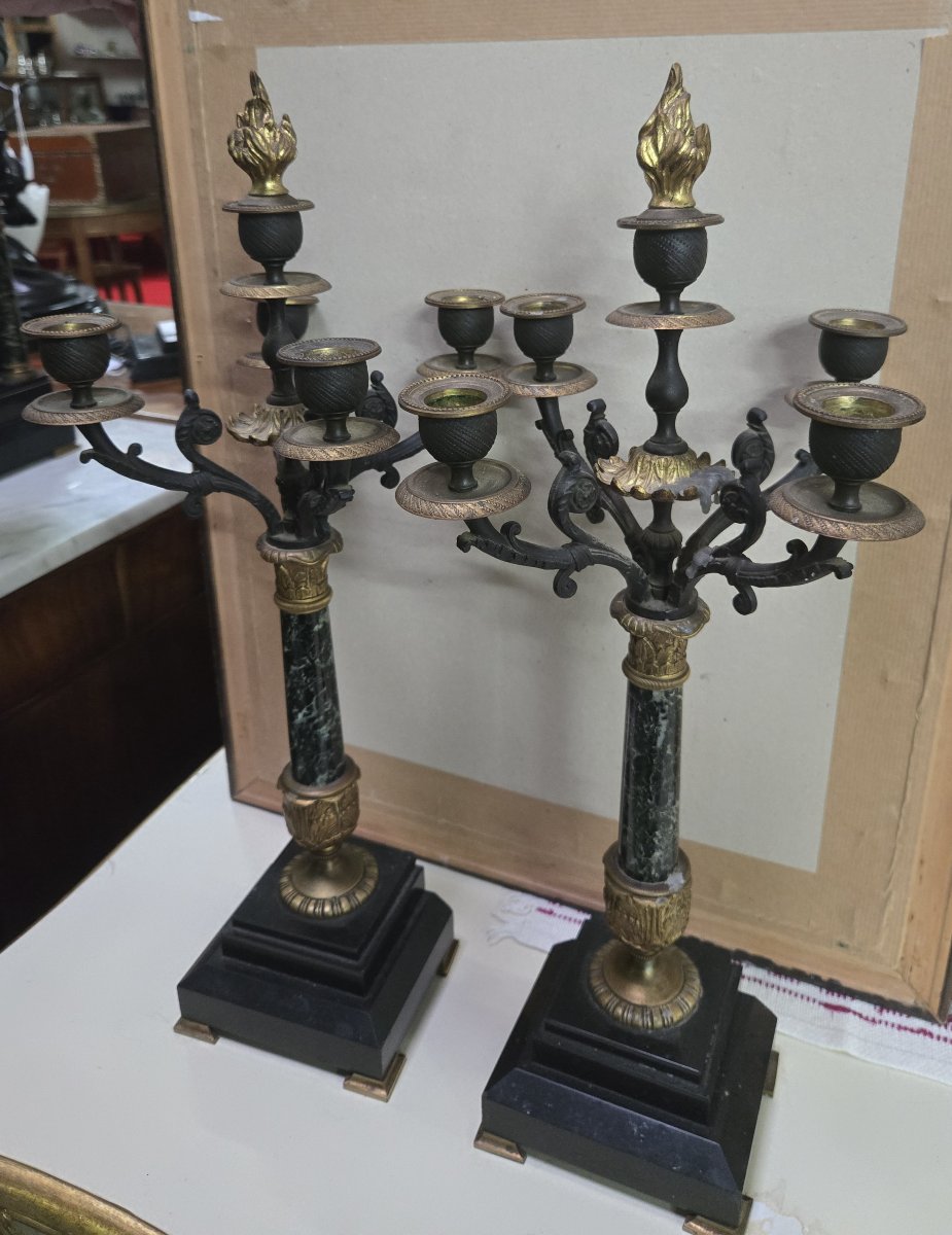 Pair Of Empire Style Candelabra, 19th Century – Bronze And Marble / Height: 50 Cm -photo-4
