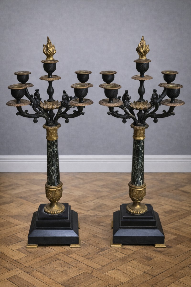 Pair Of Empire Style Candelabra, 19th Century – Bronze And Marble / Height: 50 Cm 