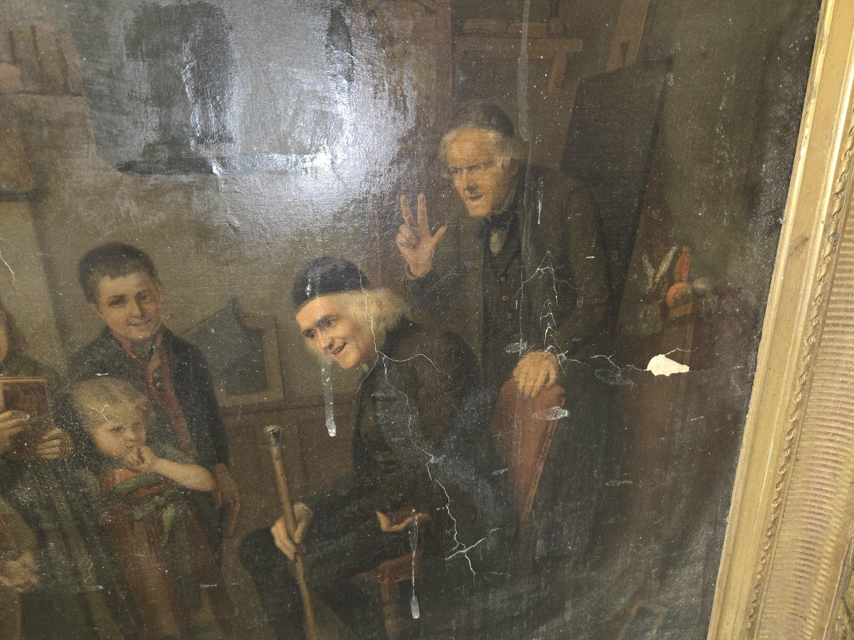 Huile sur toile d’après Bengt Nordenberg – Scène d’intérieur animée – Cadre doré -photo-3