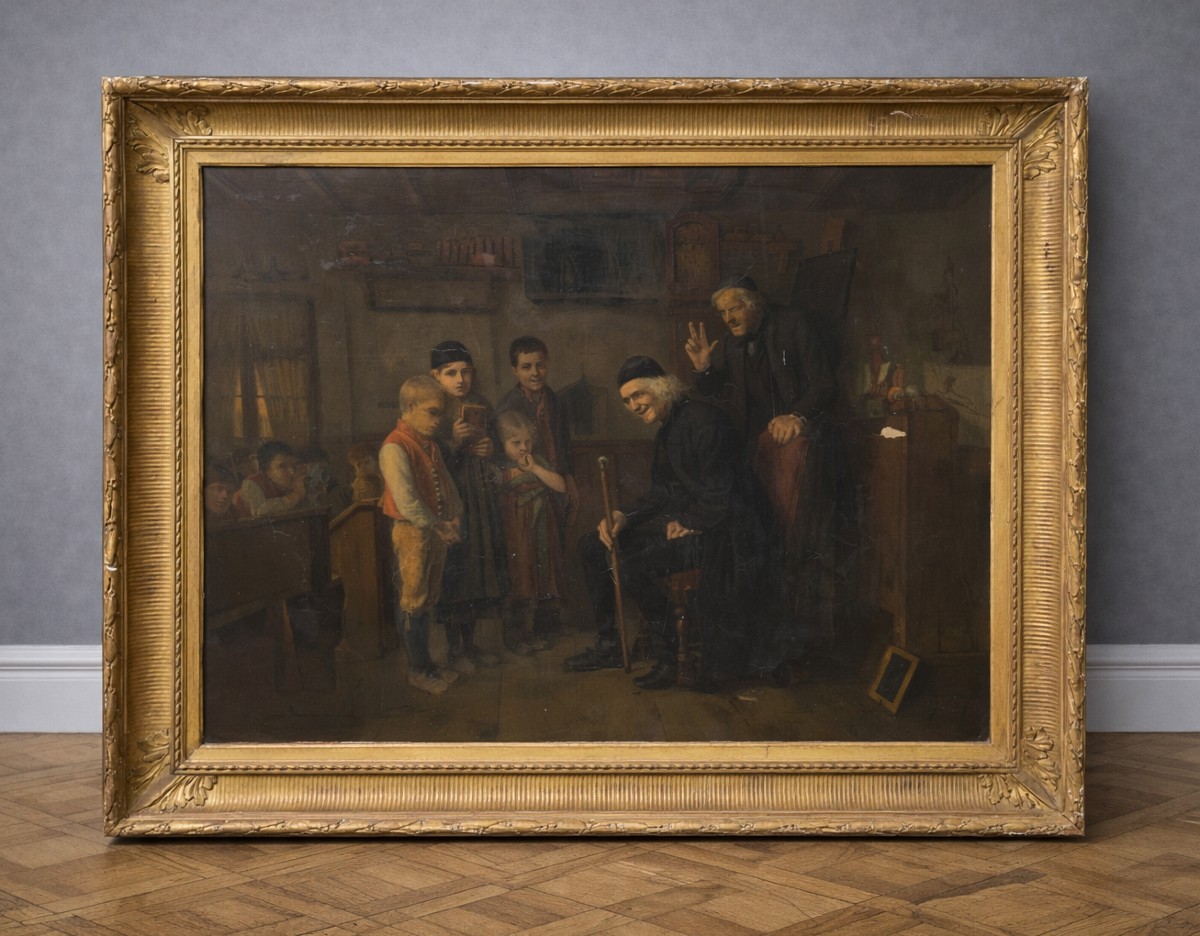 Huile sur toile d’après Bengt Nordenberg – Scène d’intérieur animée – Cadre doré 