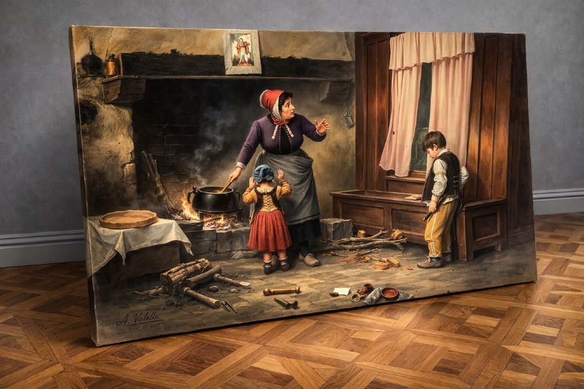 Très grande huile sur toile – “La Remontrance” – Signée Valli - XXeme  