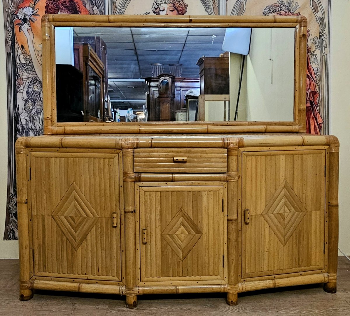 Grand buffet en bambou et rotin avec miroir – Style Vintage / années 1970-photo-2