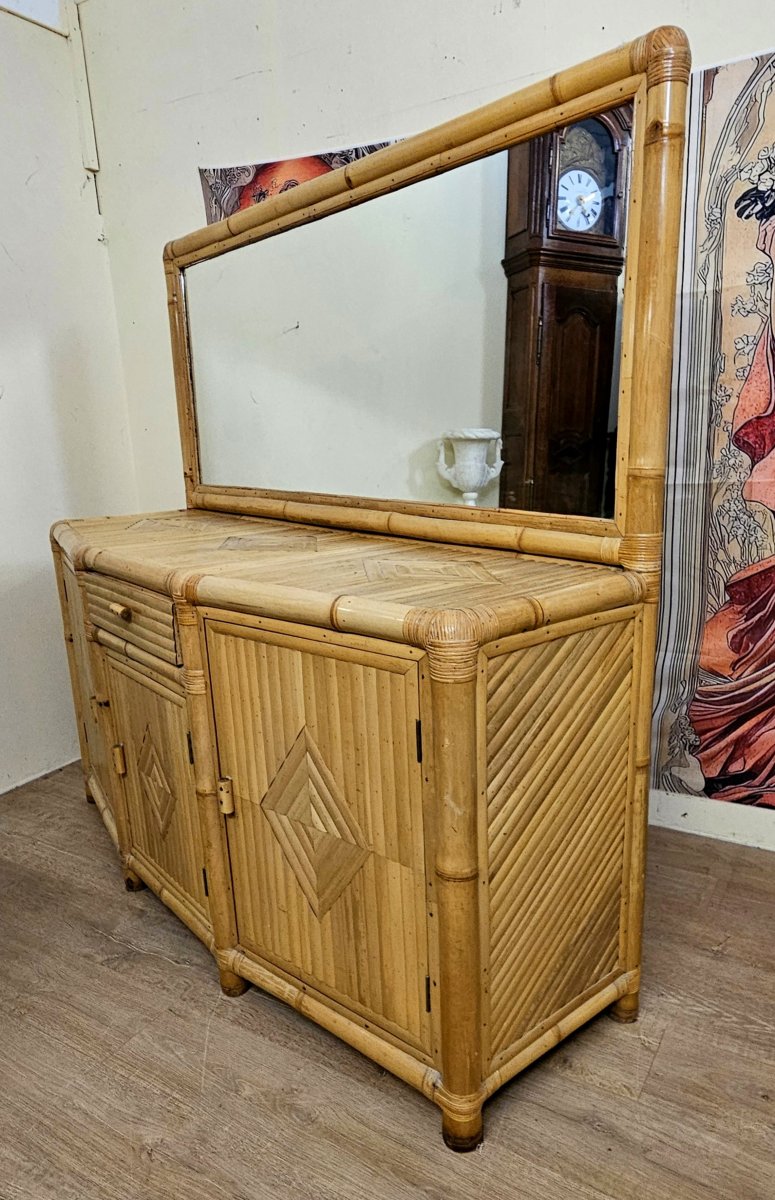 Grand buffet en bambou et rotin avec miroir – Style Vintage / années 1970-photo-4