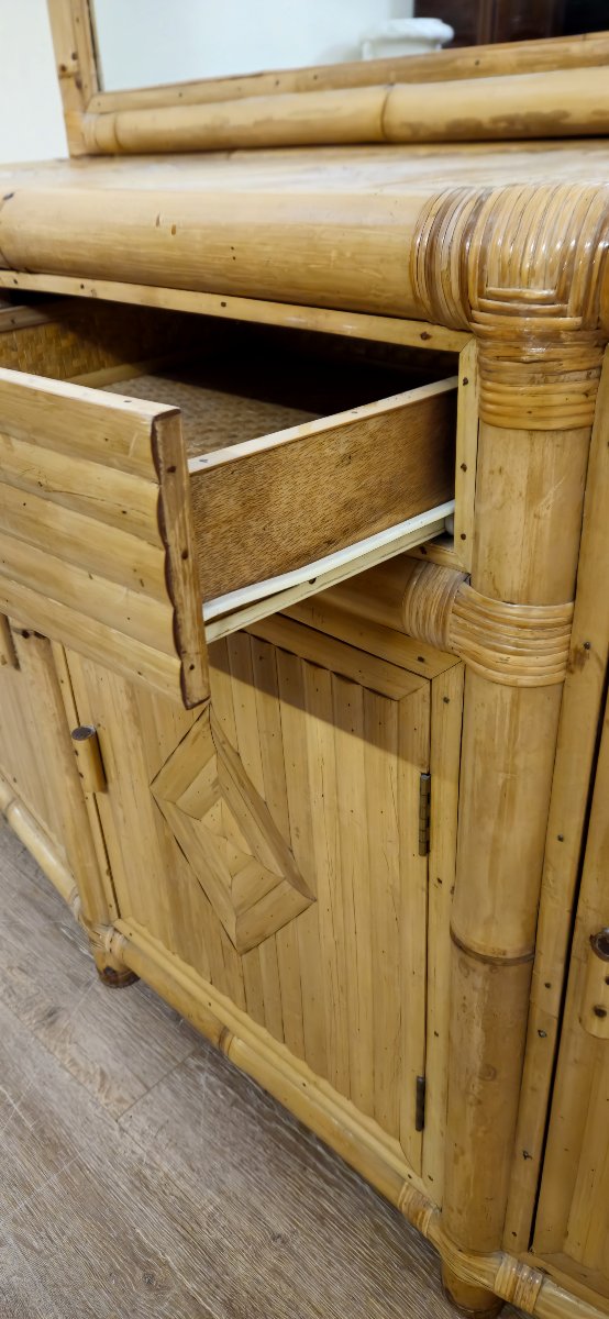 Grand buffet en bambou et rotin avec miroir – Style Vintage / années 1970-photo-5